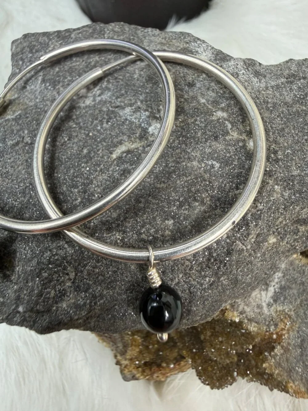 Sterling Silver Hoop Earrings w/ Black Onyx Dangle Bead 1.75